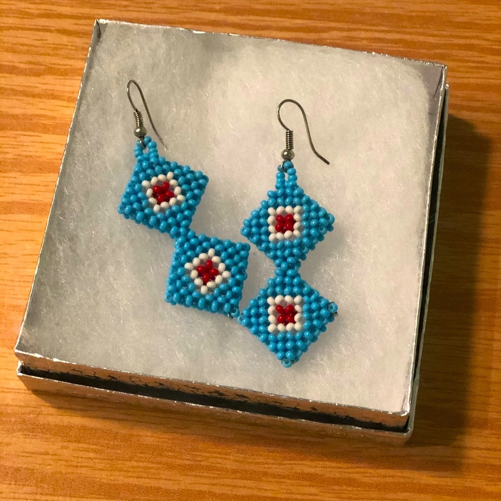 Silver Beaded Earrings of red/blue and white.